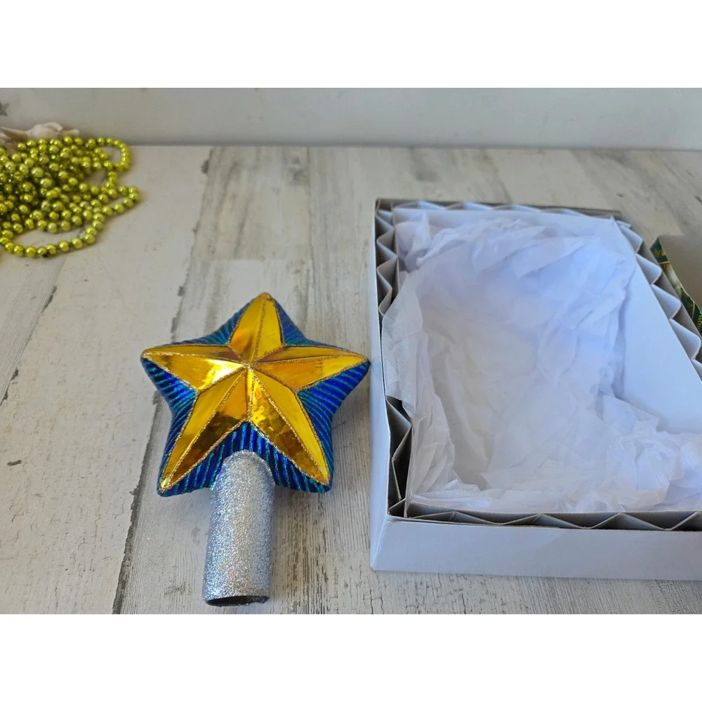 OWC old world star glitter tree topper gold blue Xmas glass tree